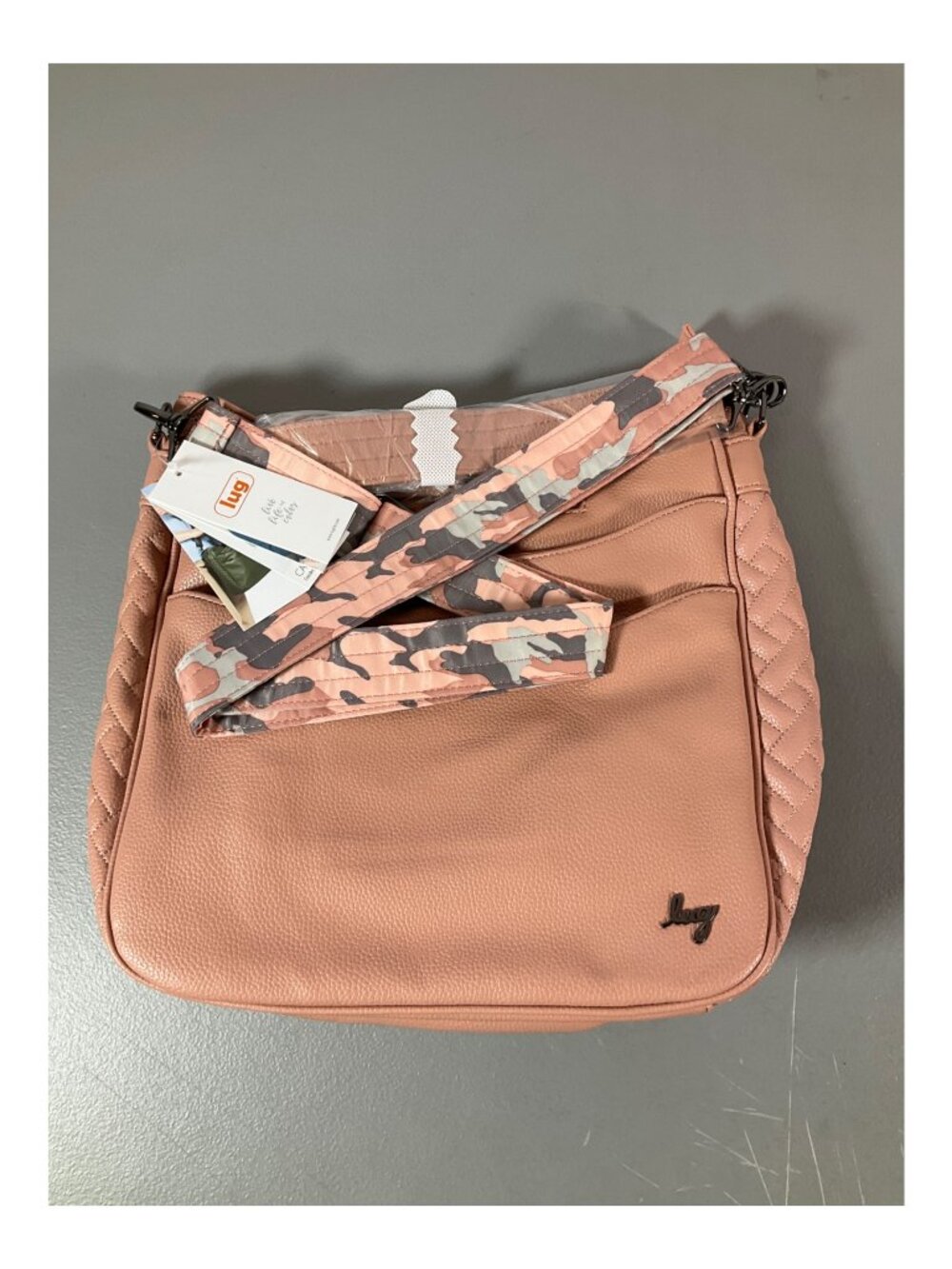 Lug Blush Pink Quilted Faux Leather Messenger Bag with Camo Lining and Adjustabl